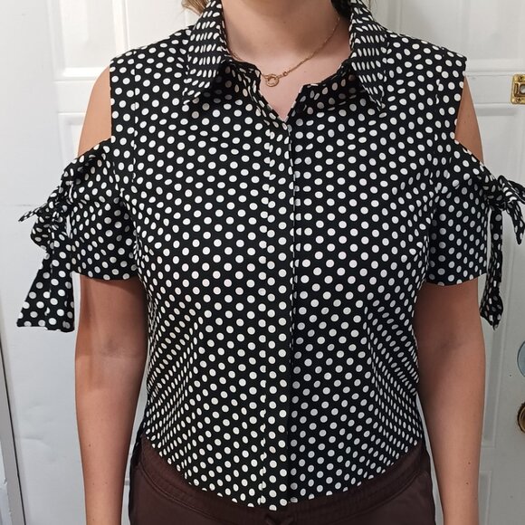2 For $30 MILLY BLOUSE  S POLKA DOT COLD SHOULDER COTTON PARISIAN BLOUSE 8 - Picture 4 of 11